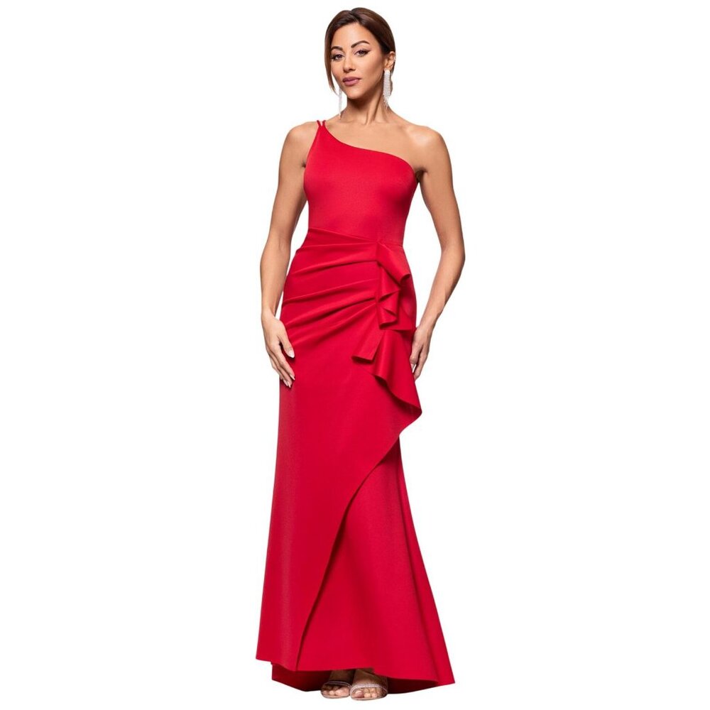 Xscape One-Shoulder Red Evening Gown with Cascading Ruffle